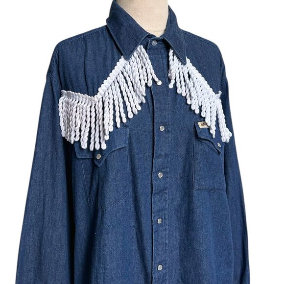 70s vintage fringe denim shirt pointed collar Bar B Western Wear snap button. - Picture 7 of 11